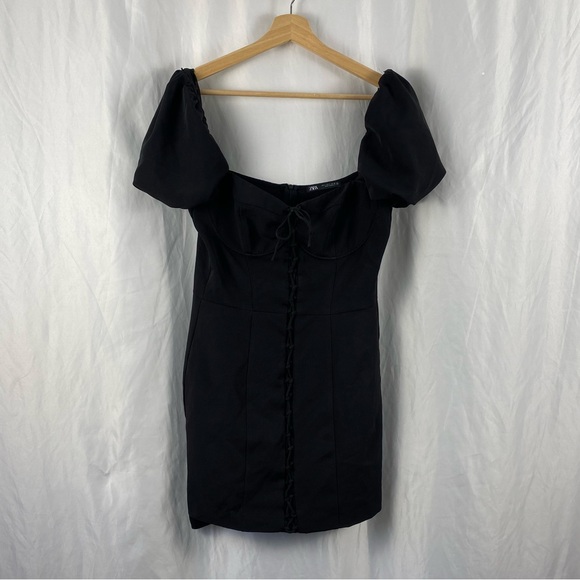 Zara Women’s Puff Sleeve Black Off-Shoulder Bodycon Lace Up Dress Size Large - Picture 1 of 16